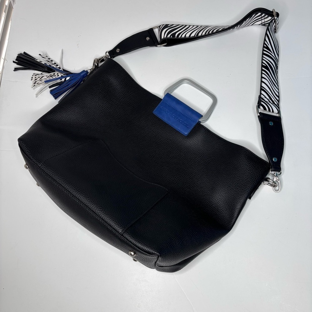 Cirque du Soleil Black Leather Tote Shoulder Bag Zebra Strap Tassel